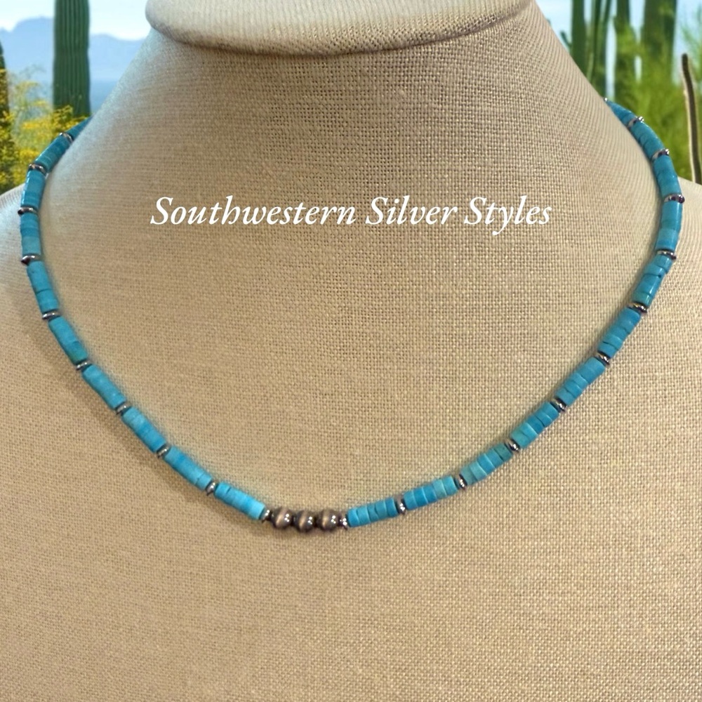 Vintage Southwestern Style Turquoise Sterling Silver Navajo Pearls Necklace - Picture 5 of 9
